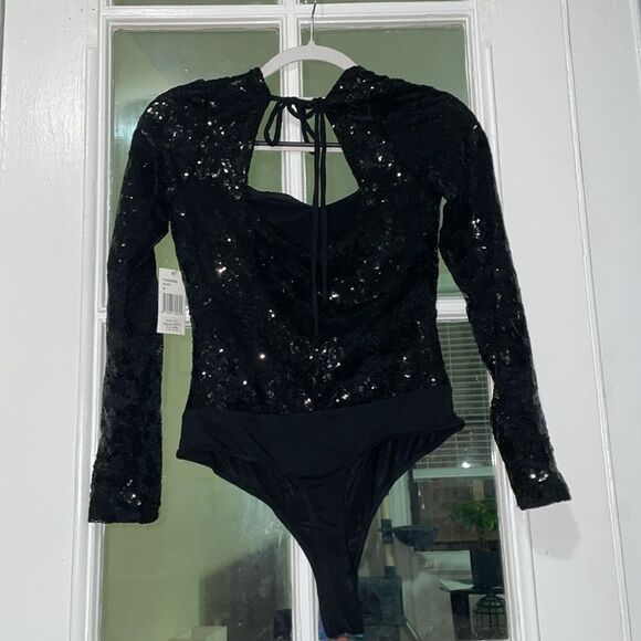 Fore black sequins sweetheart long sleeve bodysuit Onsie open keyhole tie back - Picture 4 of 11
